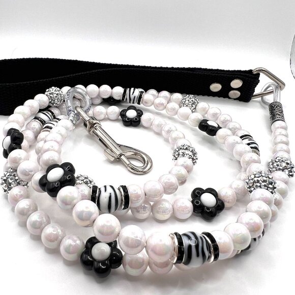 Boujee Dog Leash - Beaded - Funky - Daisy & Zebra - White & Black - Handmade